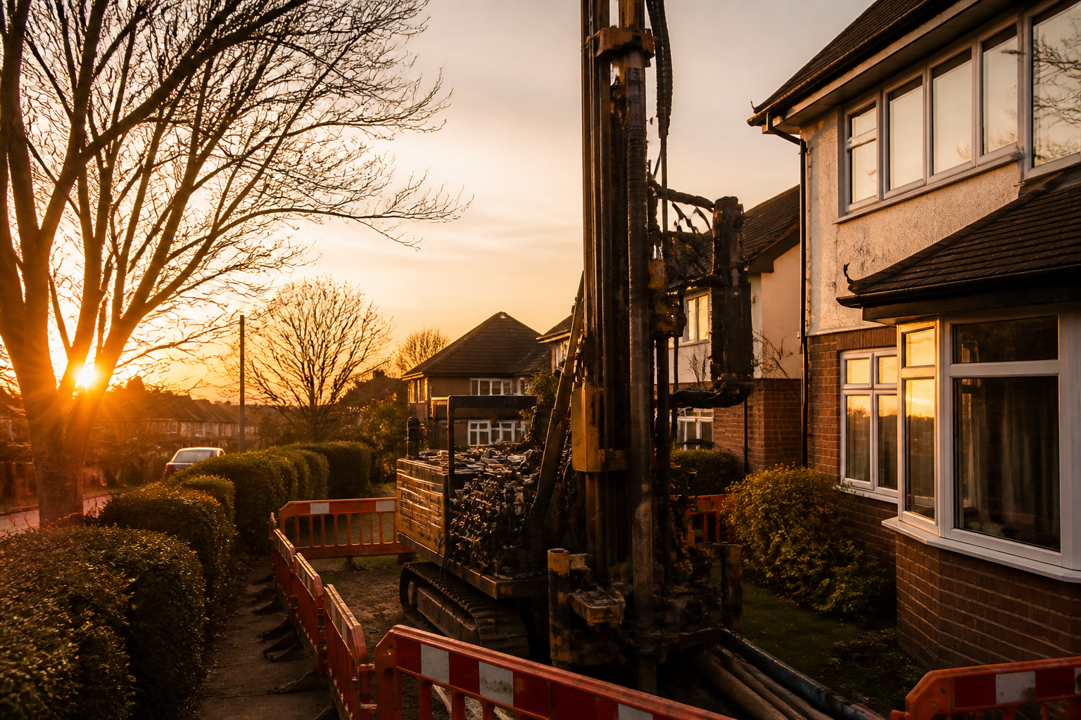 A drilling rig creating a vertical borehole for a ground source heat pump on a domestic UK property.
