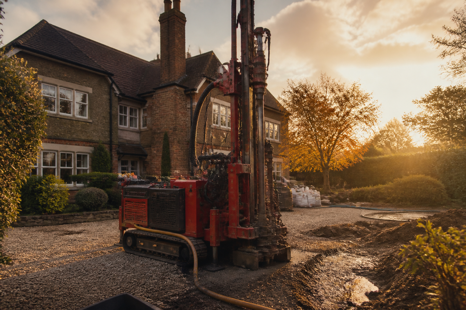 A drill rig drilling a vertical borehole for a heat pump on a property driveway.