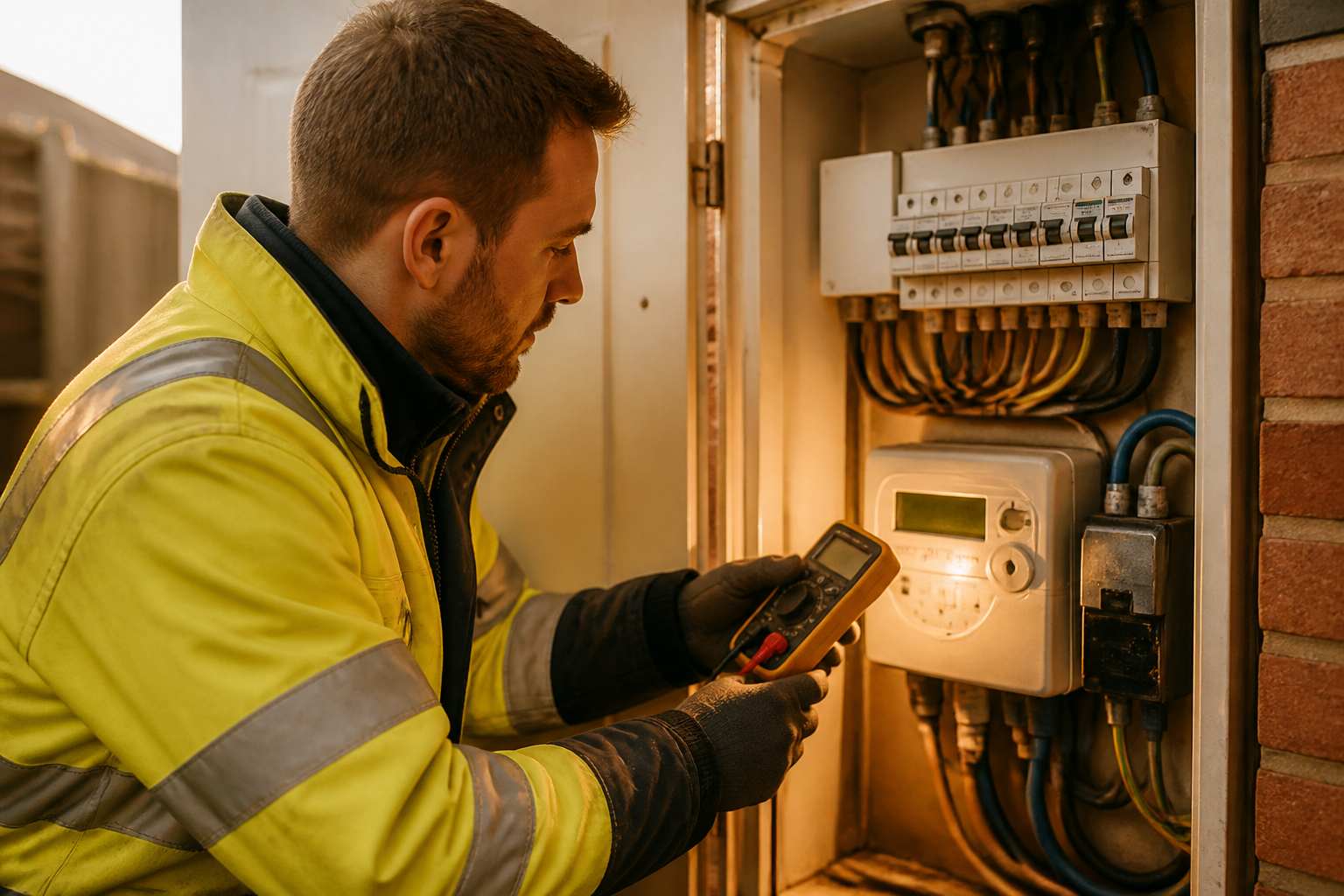 Electrician inspecting a domestic electrical consumer unit in a UK home.
