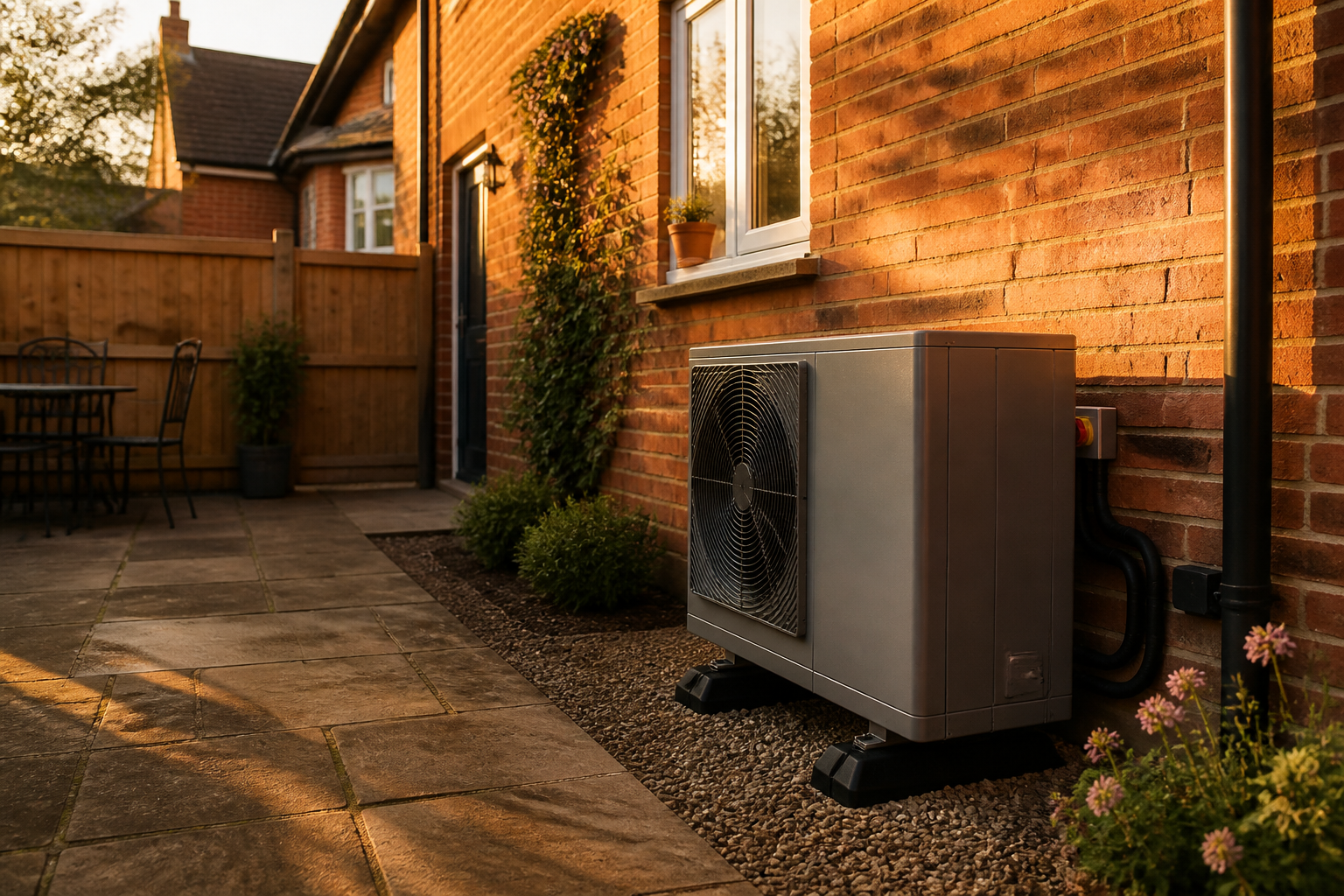Air source heat pump outdoor unit installed outside a British brick home.