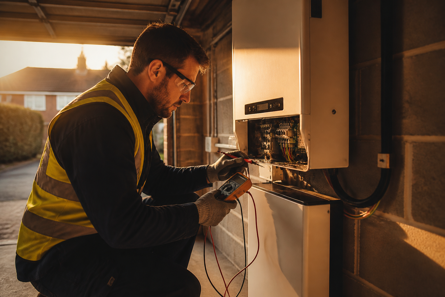 A certified electrician performing testing on a domestic battery inverter during a UK home installation.