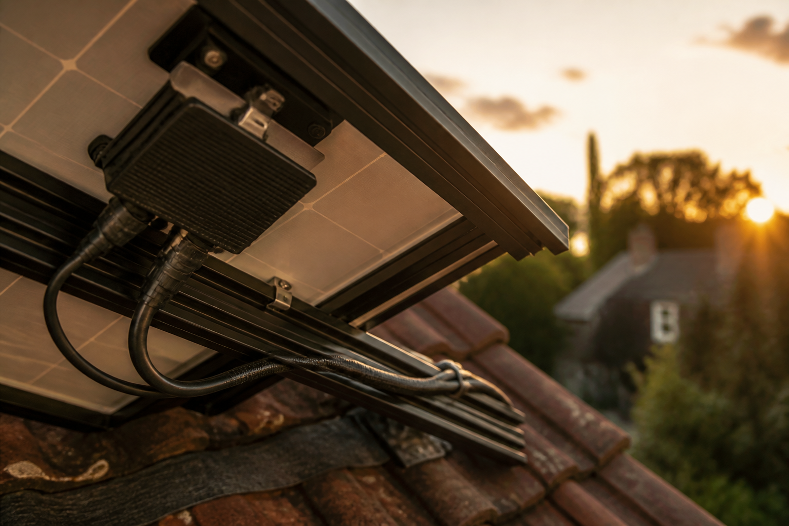 Close-up of a solar DC optimiser unit attached to a roof mounting rail beneath a solar panel