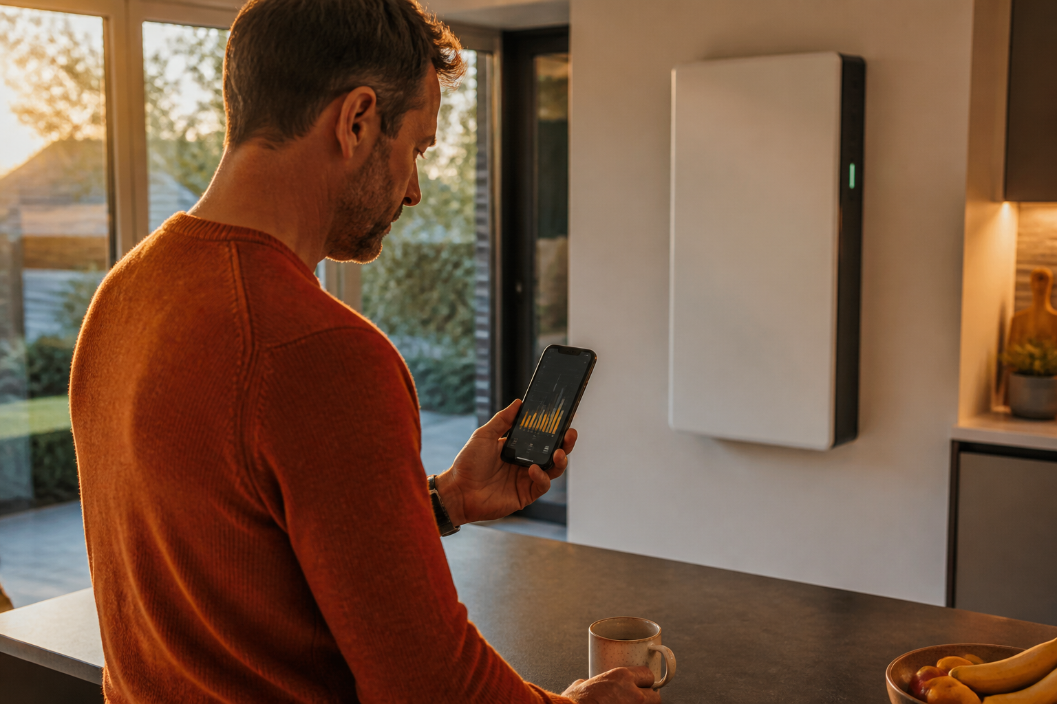 A person checking energy tariff data on a smartphone inside a UK home with a home battery.