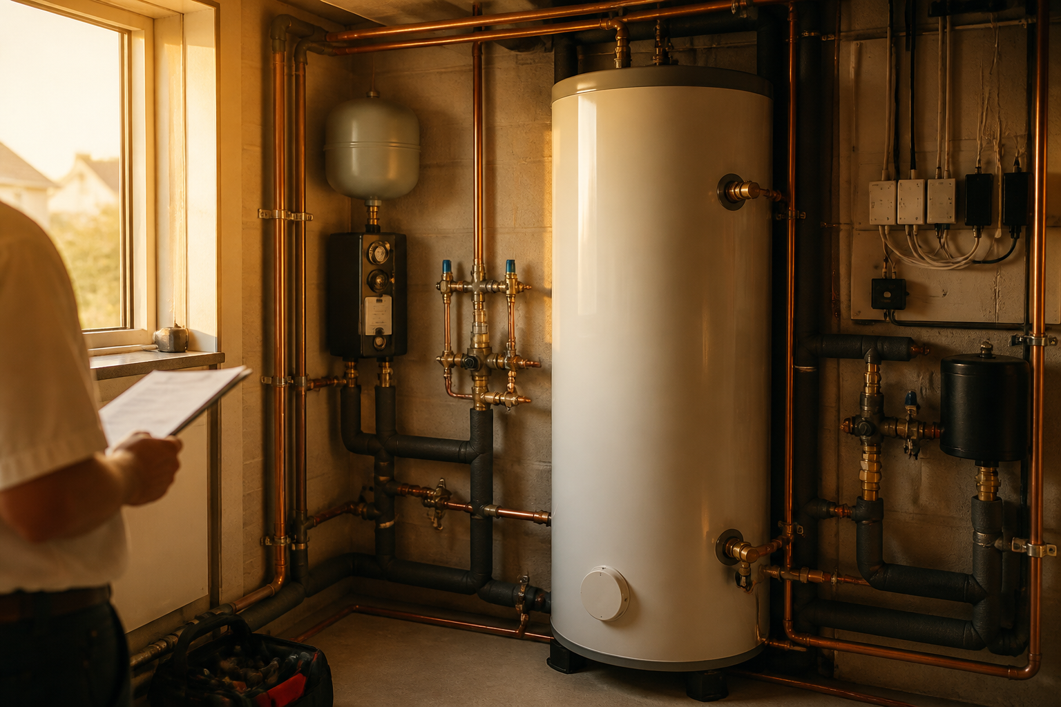 An unvented hot water cylinder fitted with thermostatic mixing valves and pipe insulation.
