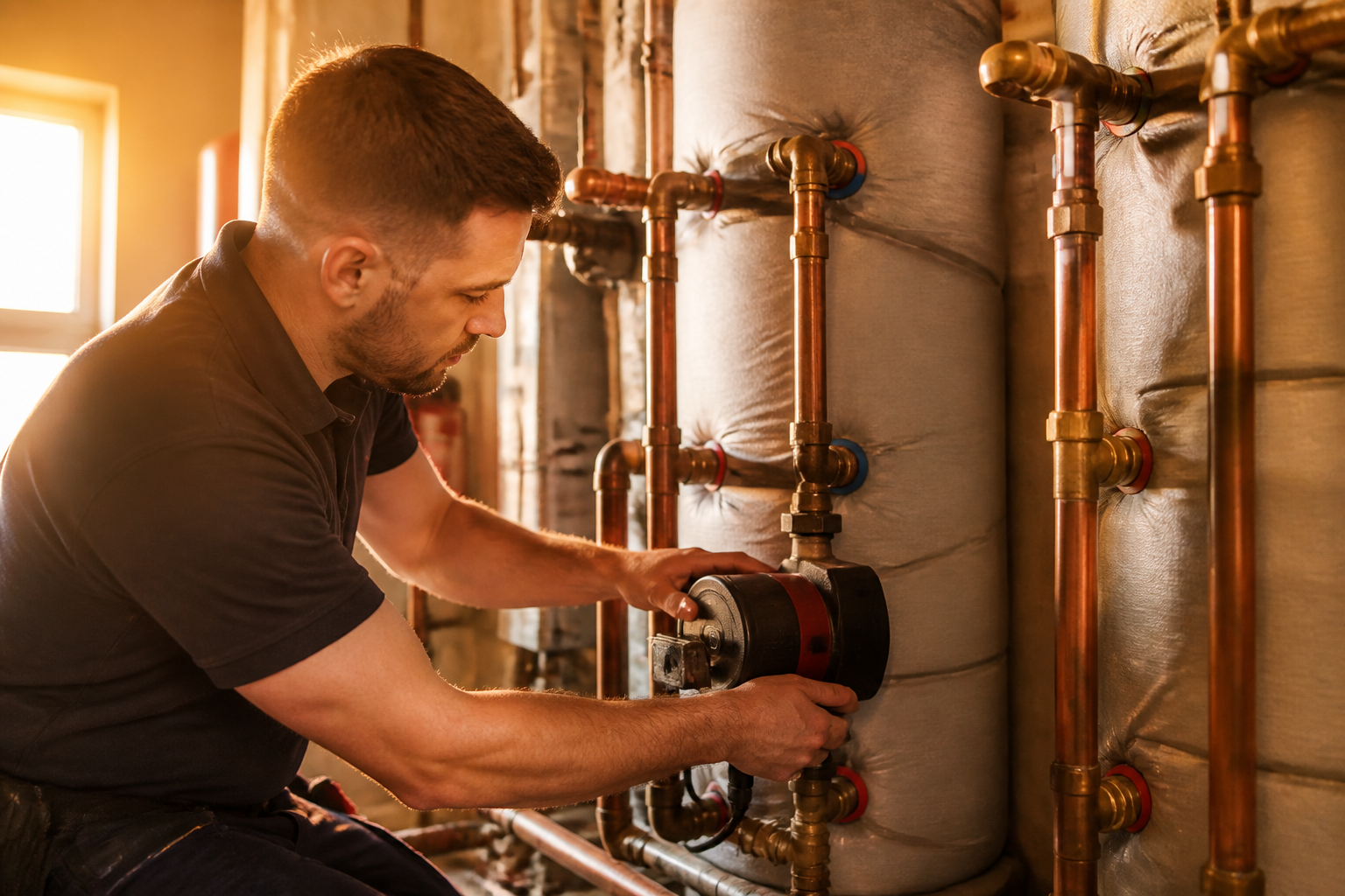 Heating engineer adjusting valves on a large insulated buffer tank in a home heating system installation.