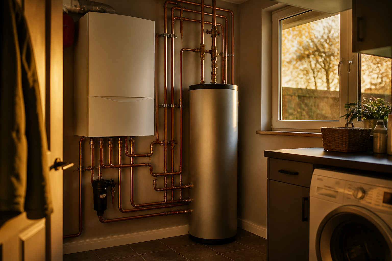 Heat pump indoor unit and insulated volumiser tank installed with copper pipework in a UK home utility room.