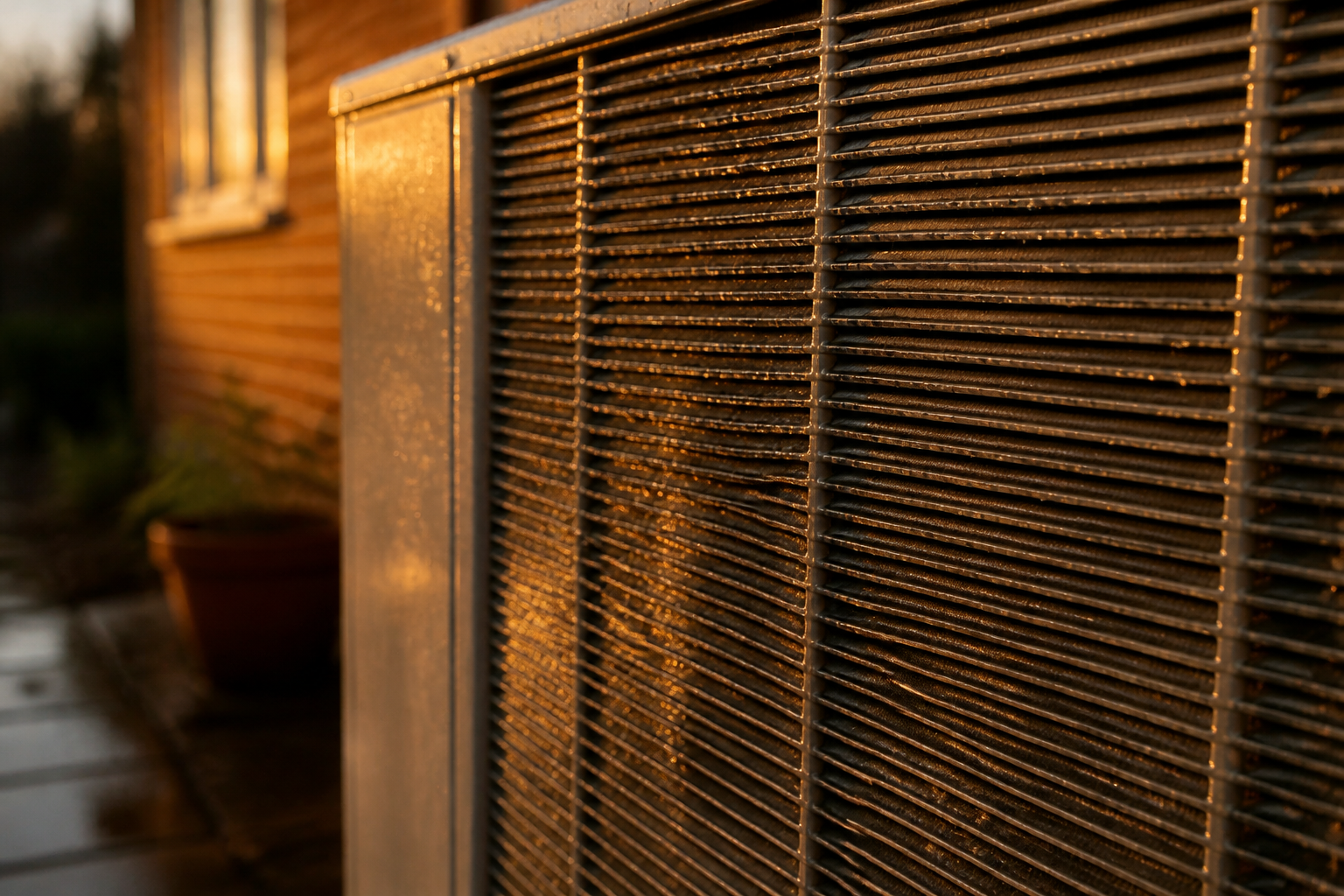 Close-up of heat pump metal coil fins dripping wet after a defrost cycle.