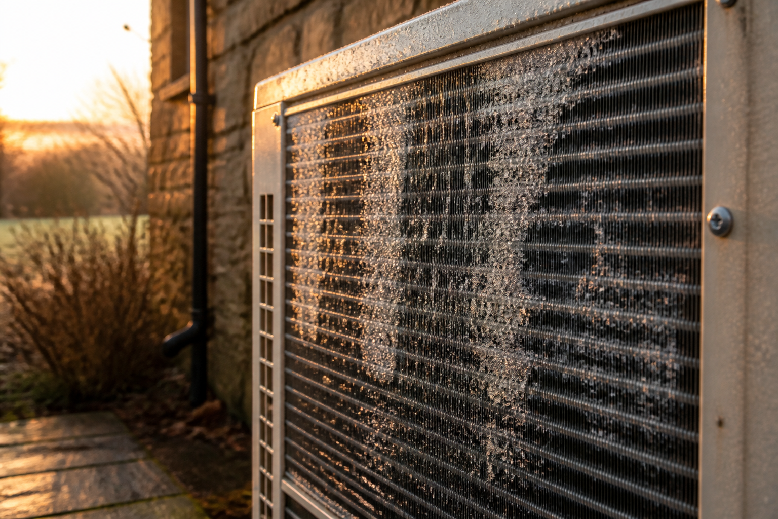 Close-up of frost forming on the metal finned coil of an outdoor heat pump unit.