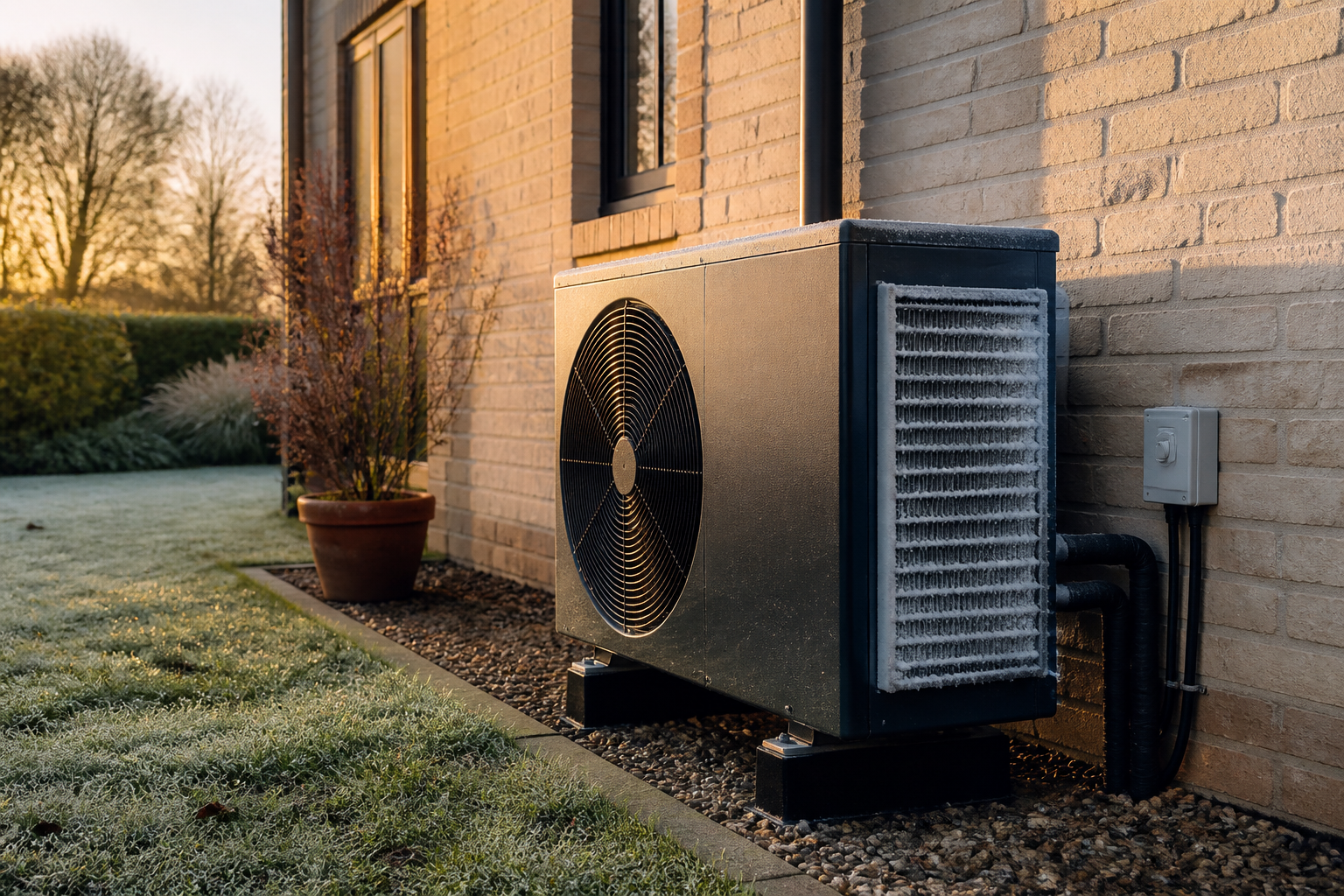 An outdoor air source heat pump unit installed outside a UK brick home on a frosty winter morning.