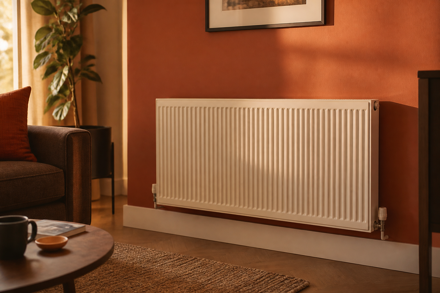 A large double-convector radiator mounted on a light gray living room wall.