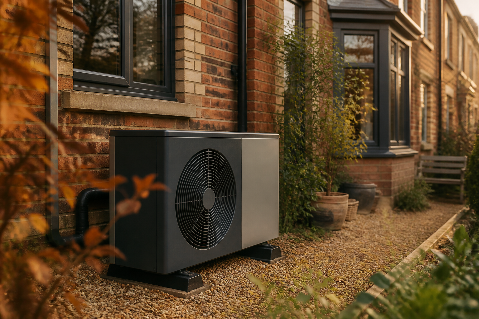 An outdoor air source heat pump unit installed outside a modernised British brick house.