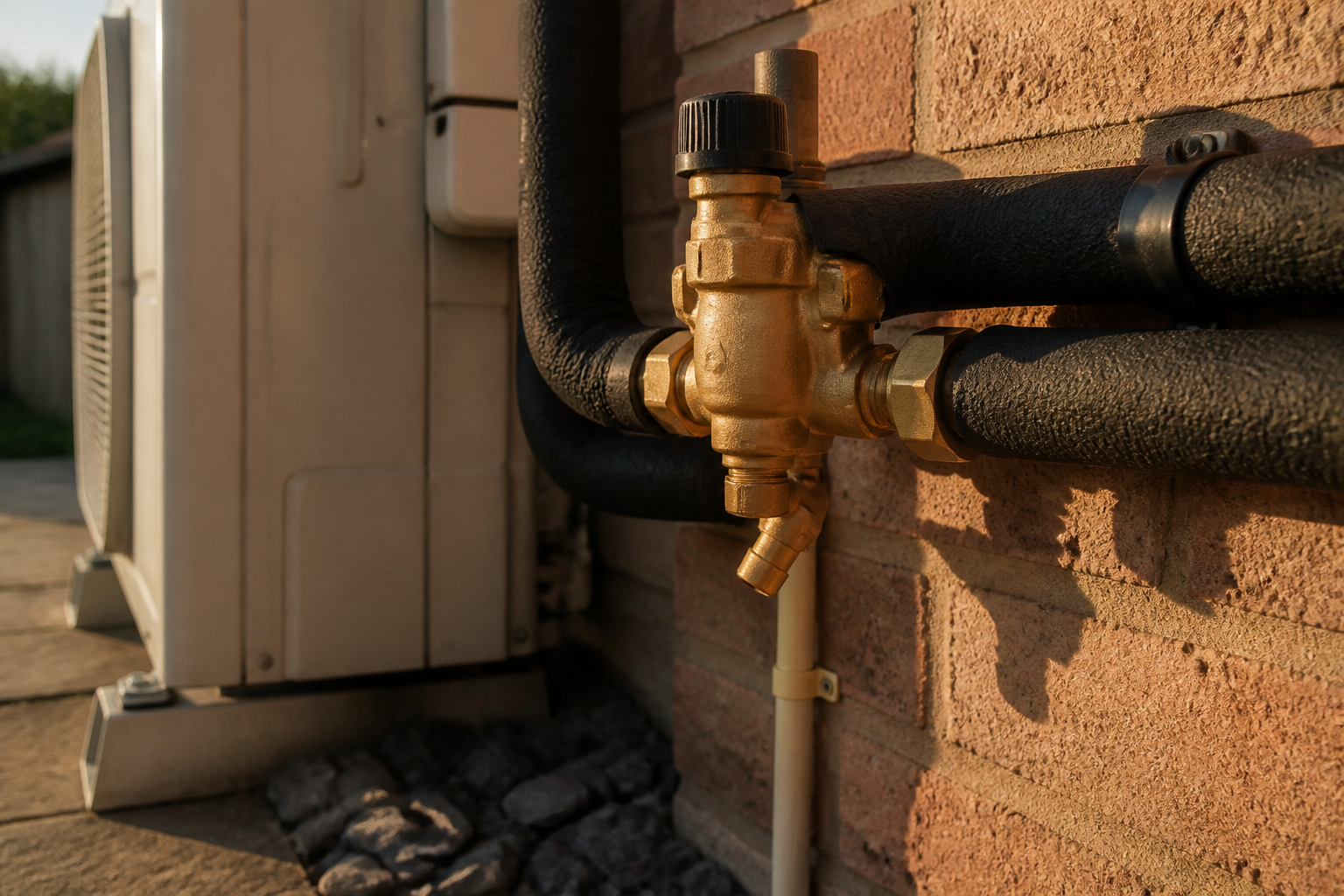 Brass mechanical anti-freeze valve fitted on outdoor heat pump pipework