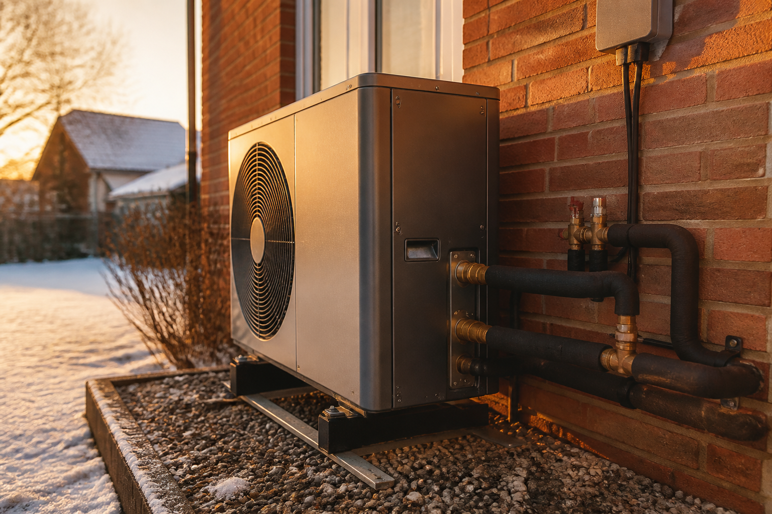 Outdoor monobloc heat pump unit with insulated pipework and mechanical anti-freeze valves installed against a brick wall