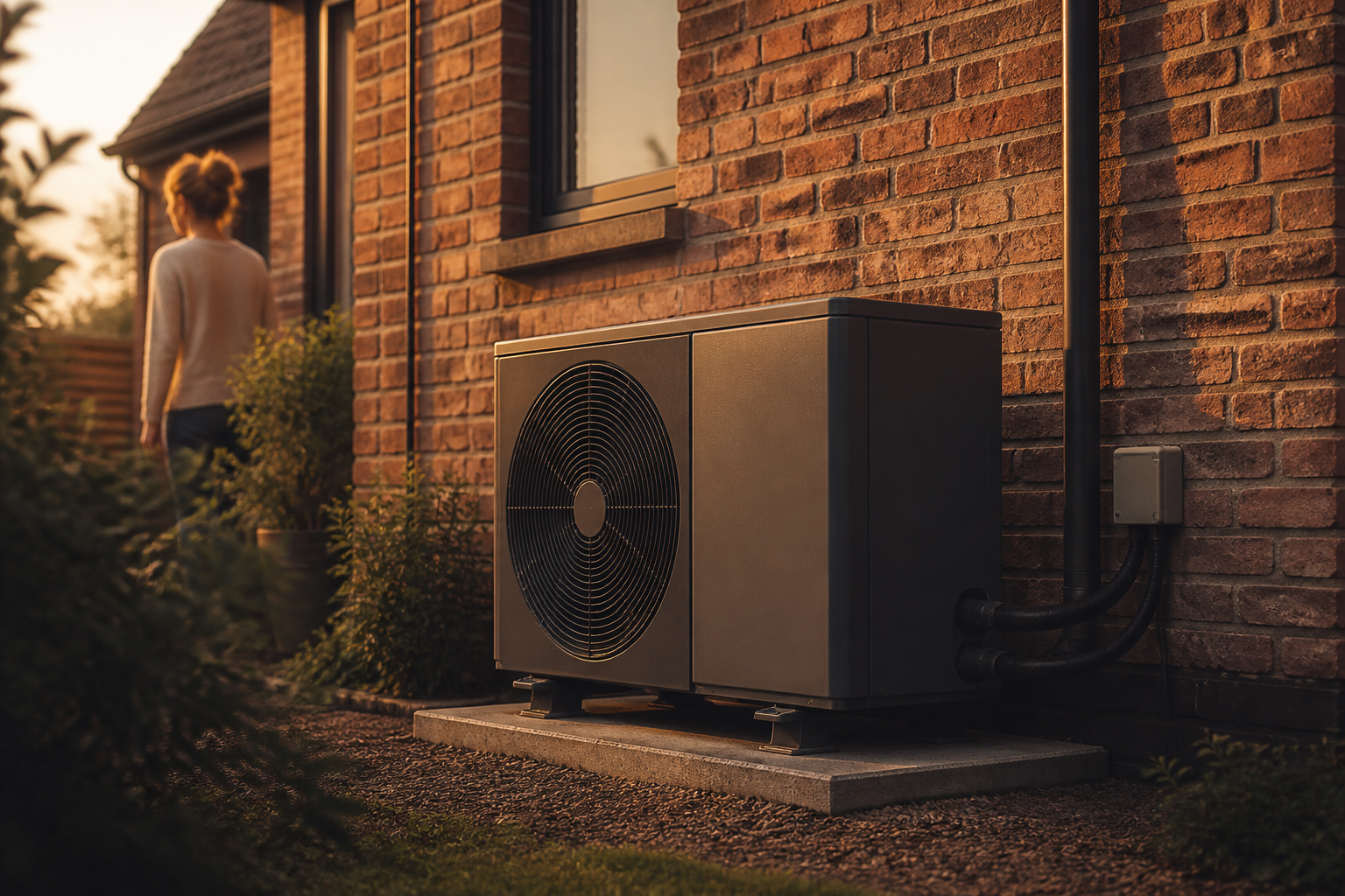 Air source heat pump monobloc unit installed outside a brick UK residential property.