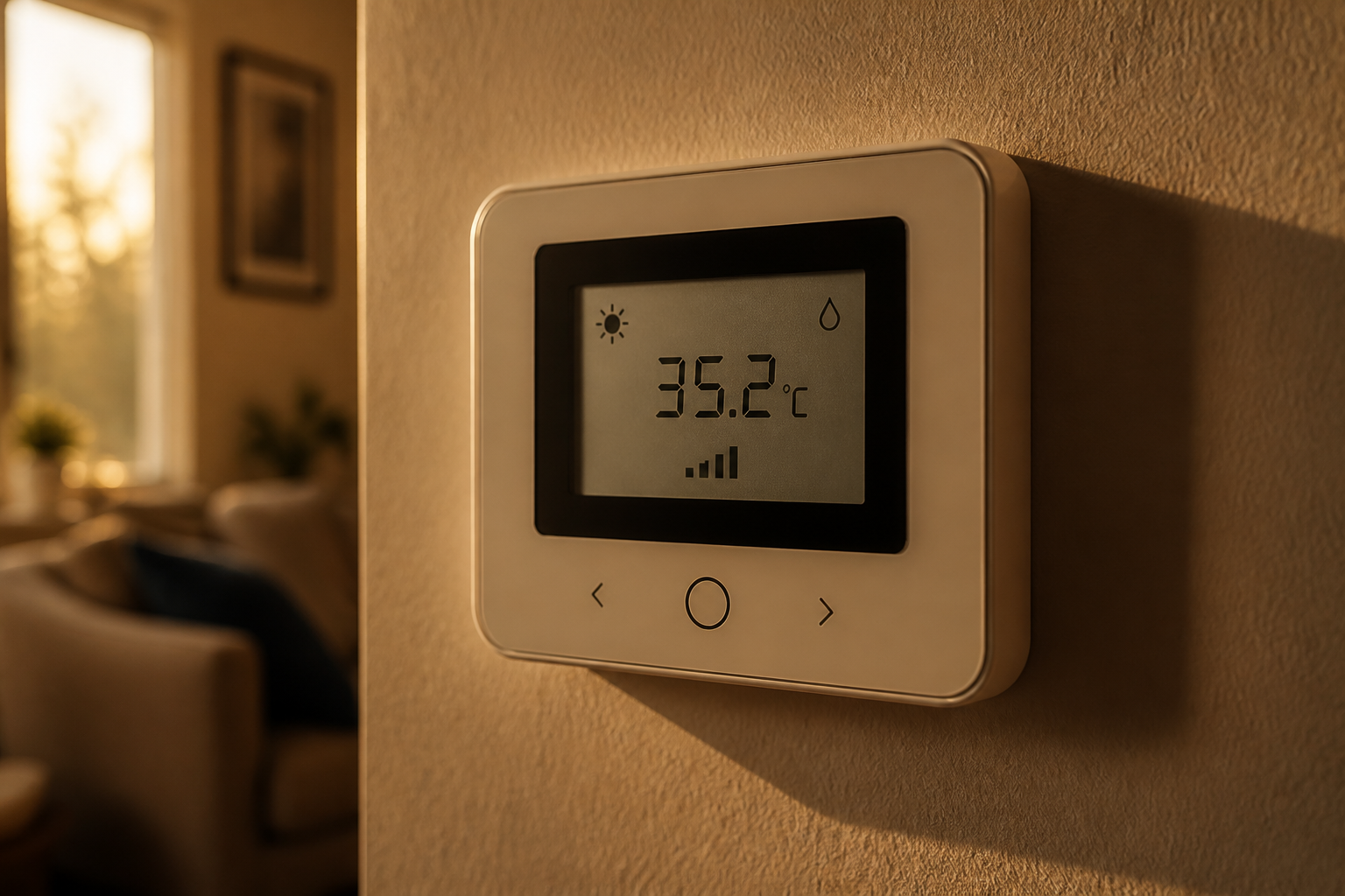 Digital heat pump thermostat controller mounted on a wall inside a UK home.