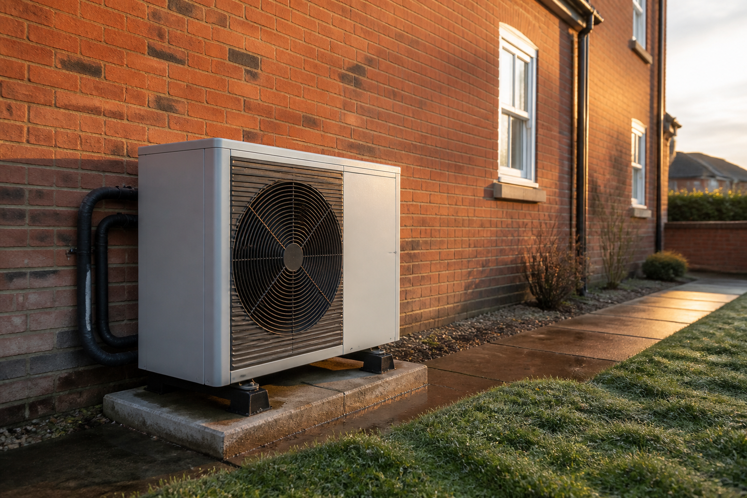 An air source heat pump unit installed outside a red-brick UK home.