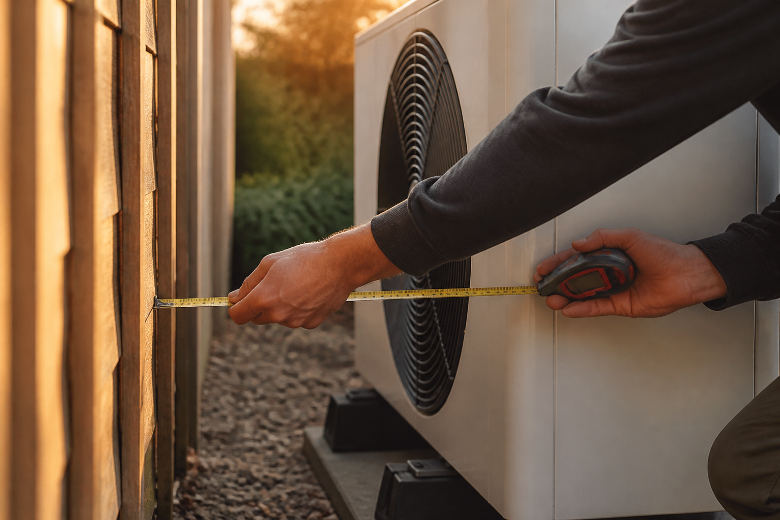Installer measuring the distance between a heat pump unit and a garden boundary fence.