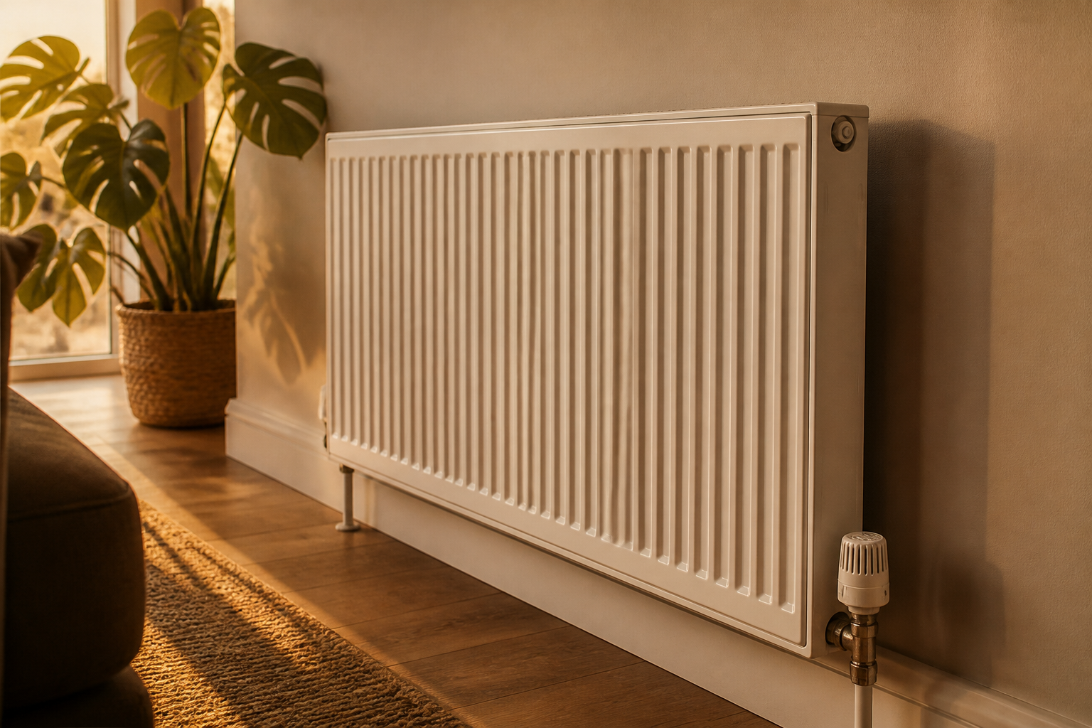 A close-up of a white Type 22 double convector radiator installed in a UK home.