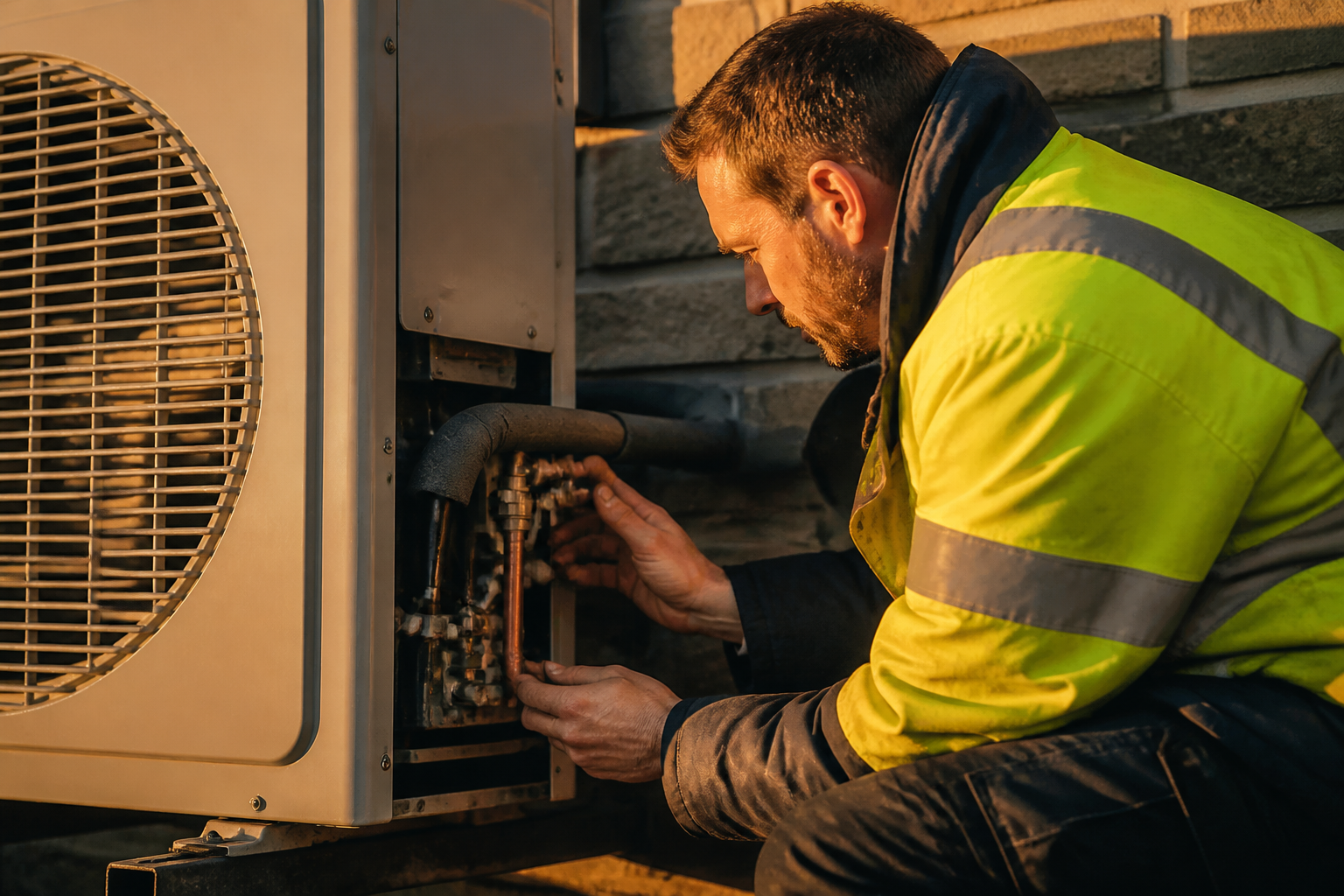 A heating engineer checking the pipe connections on an outdoor air source heat pump unit.