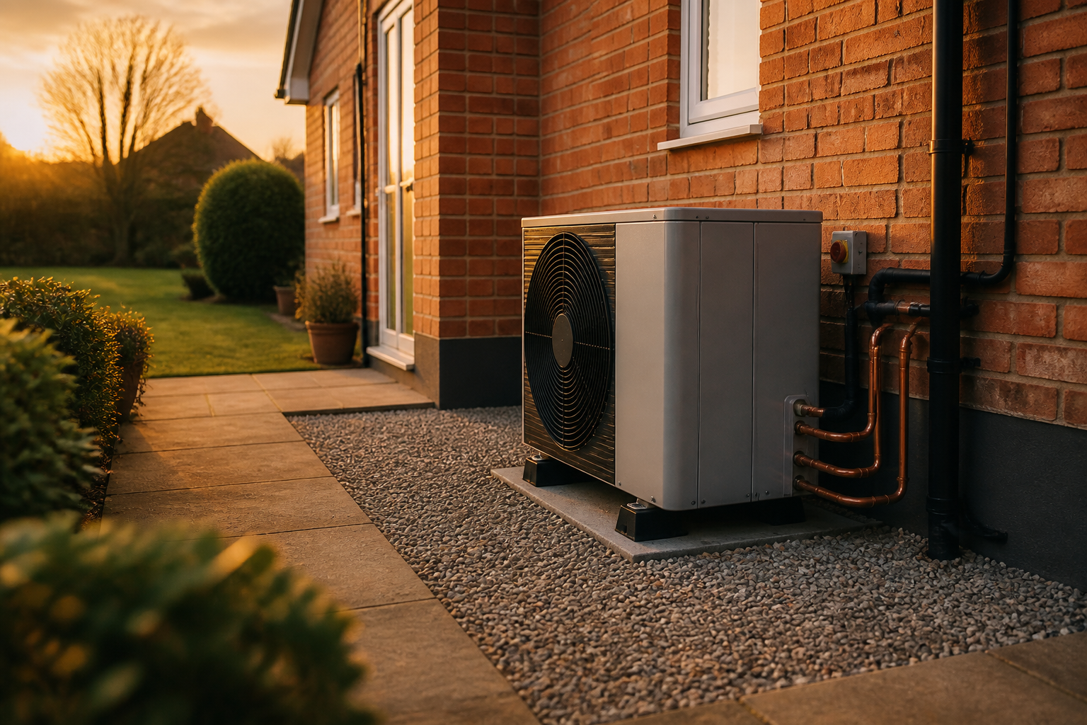 An outdoor air source heat pump unit installed on a gravel base next to a brick house wall.