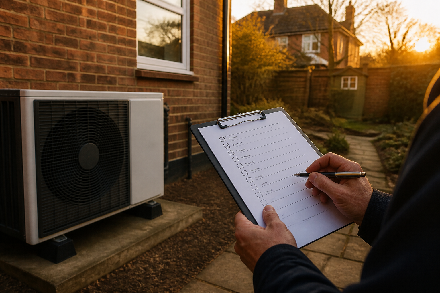 Technical standards checklist for domestic heat pump installations illustrated in a UK home setting