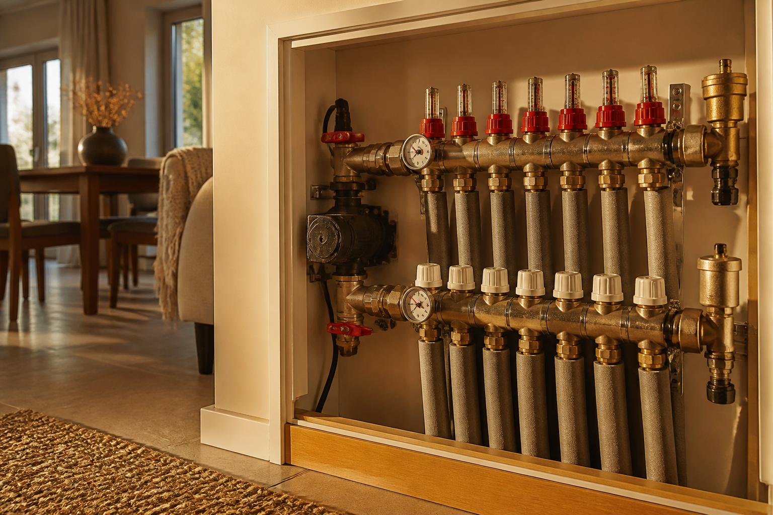 An underfloor heating hydronic manifold system with flow metres mounted inside a UK utility cupboard.
