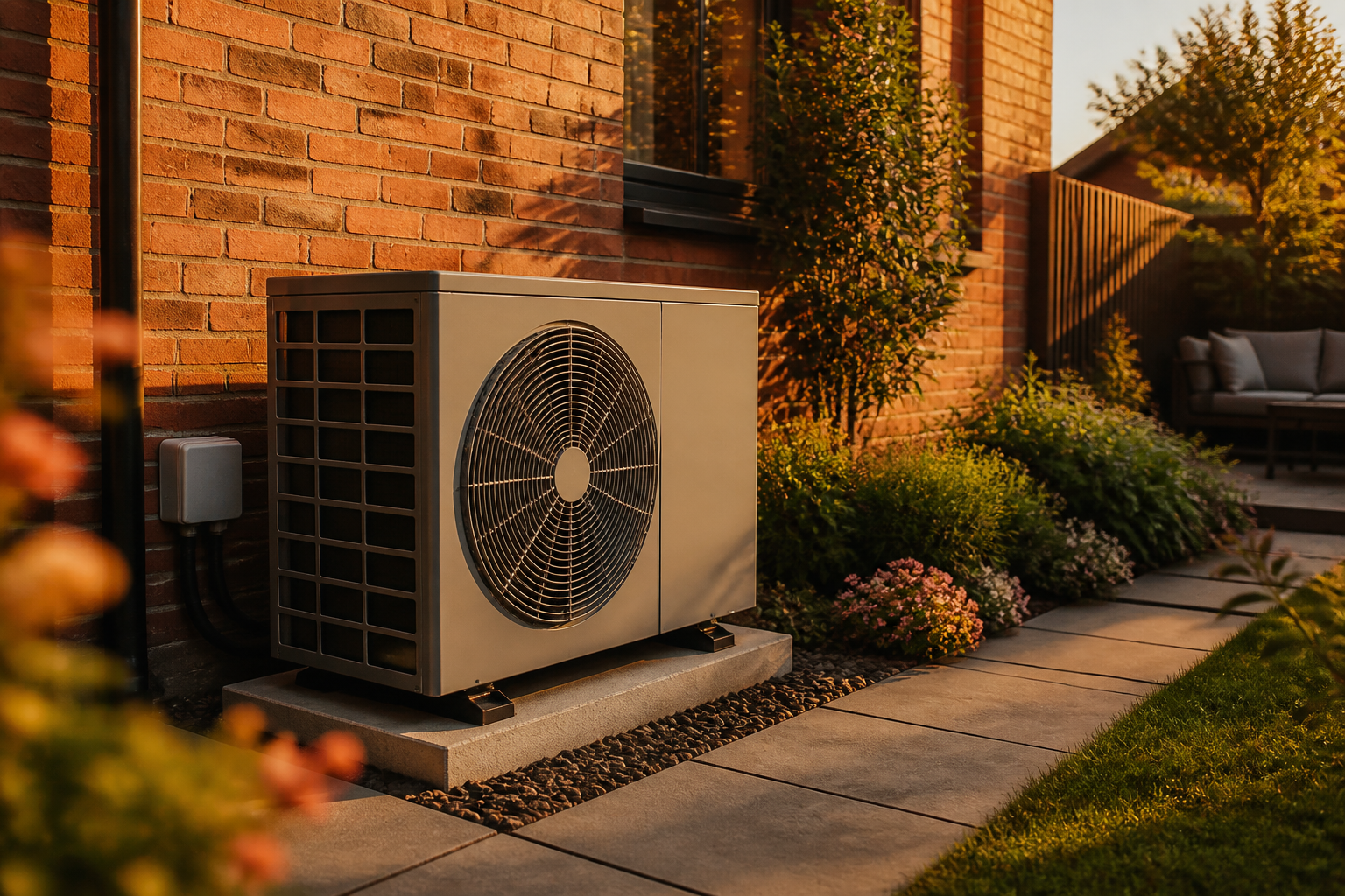 An air source heat pump outdoor unit sitting on a concrete slab beside a brick house wall in summer.