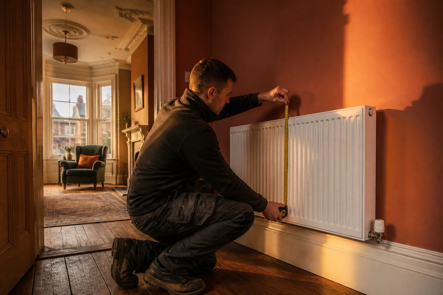 Modern double panel radiator installed on a wall in a renovated Victorian home.