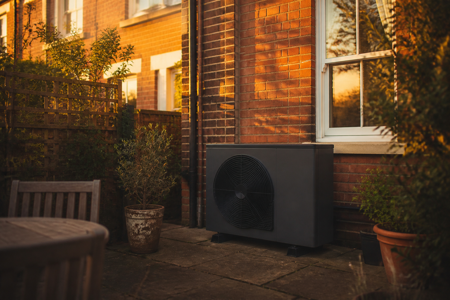 Air source heat pump outdoor unit installed in the rear patio garden of a brick Victorian terraced house.