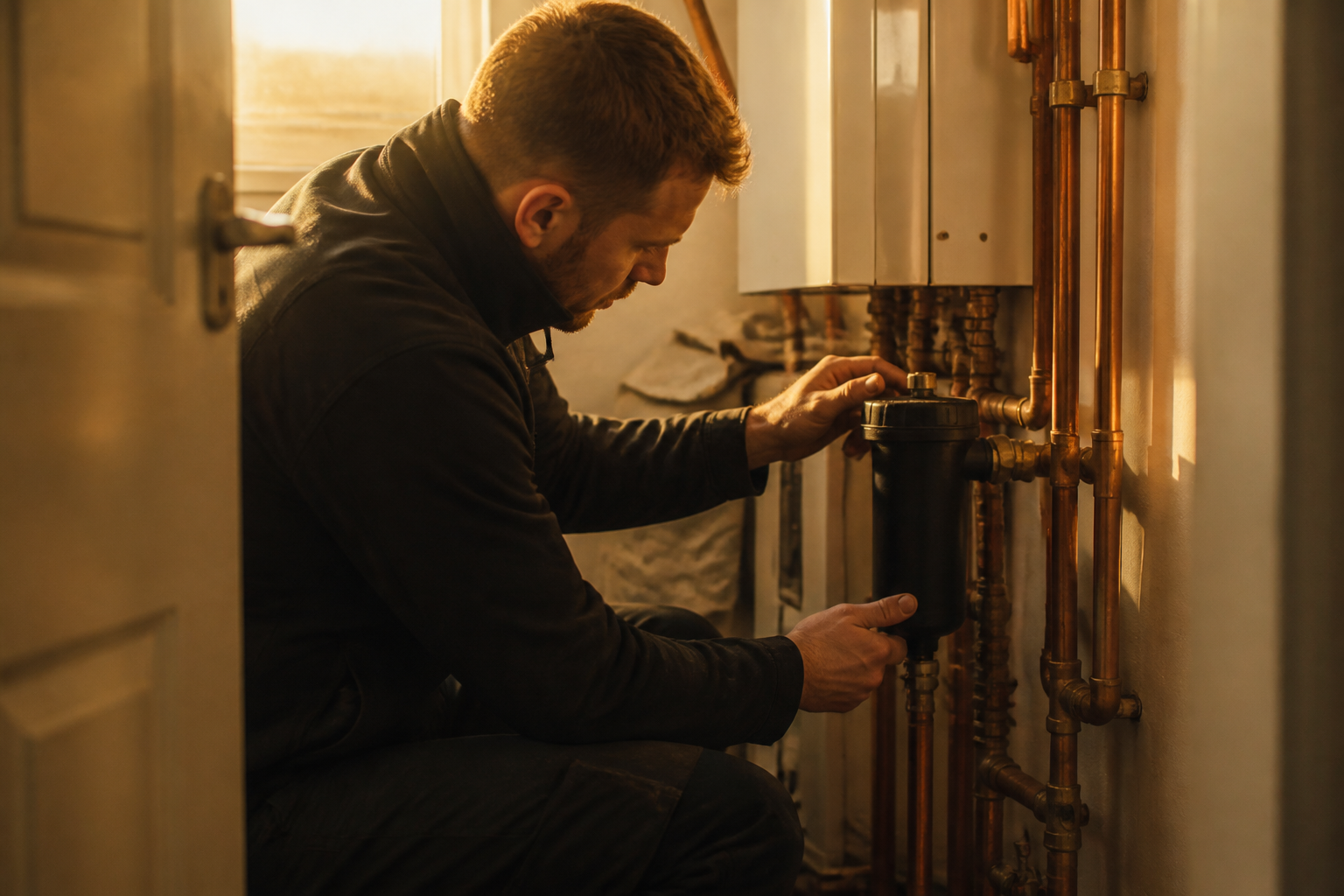 Heating engineer servicing an inline magnetic sludge filter fitted to copper heating pipes.
