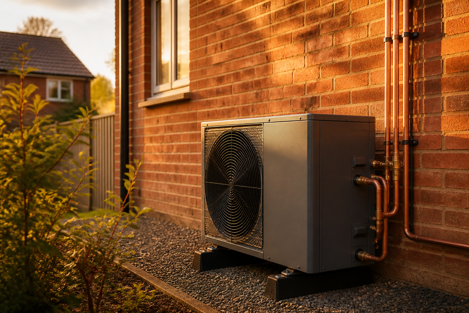 Air source heat pump outdoor unit with insulated copper piping installed beside a brick home wall.