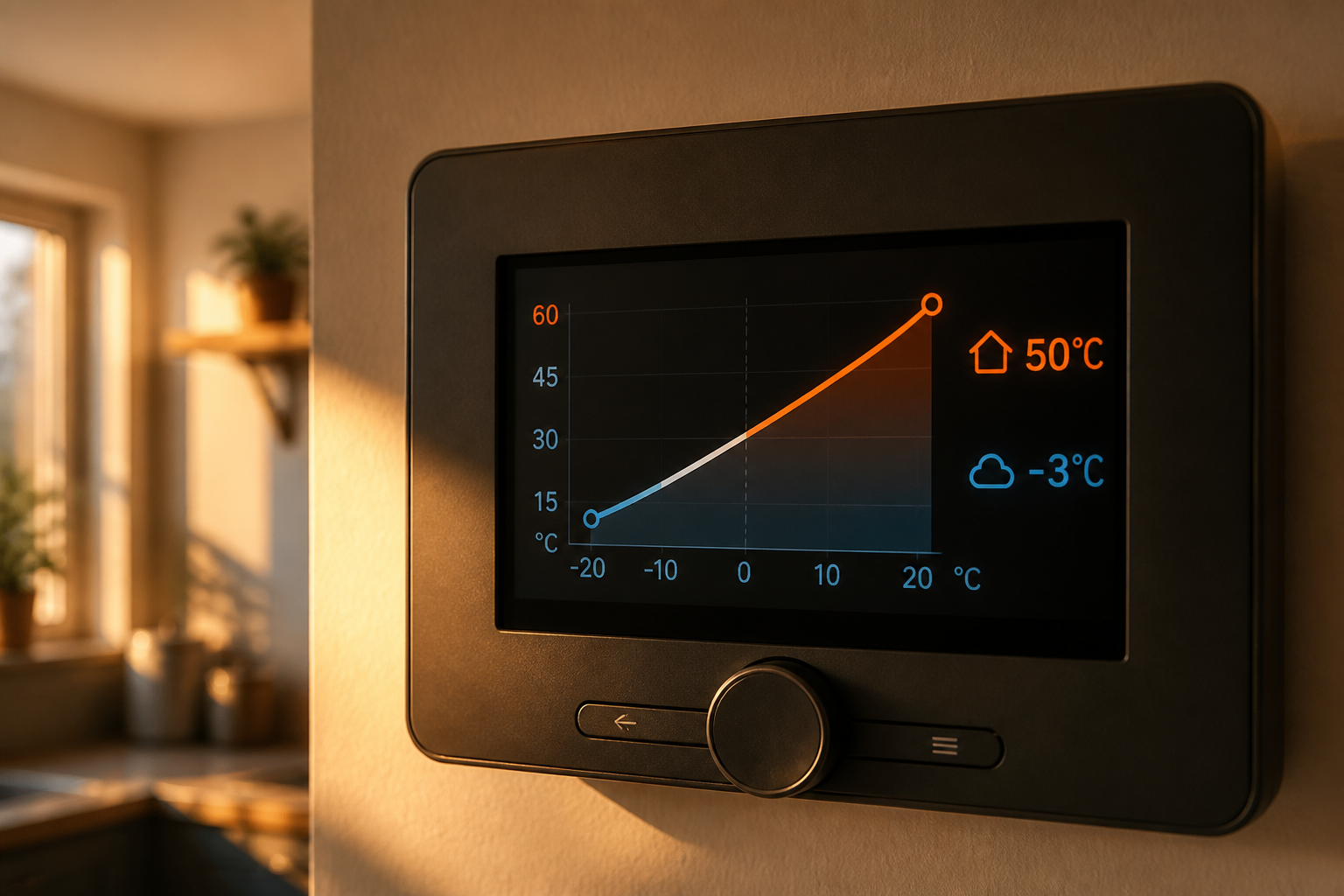 Digital heat pump wall controller displaying weather compensation heating curve settings