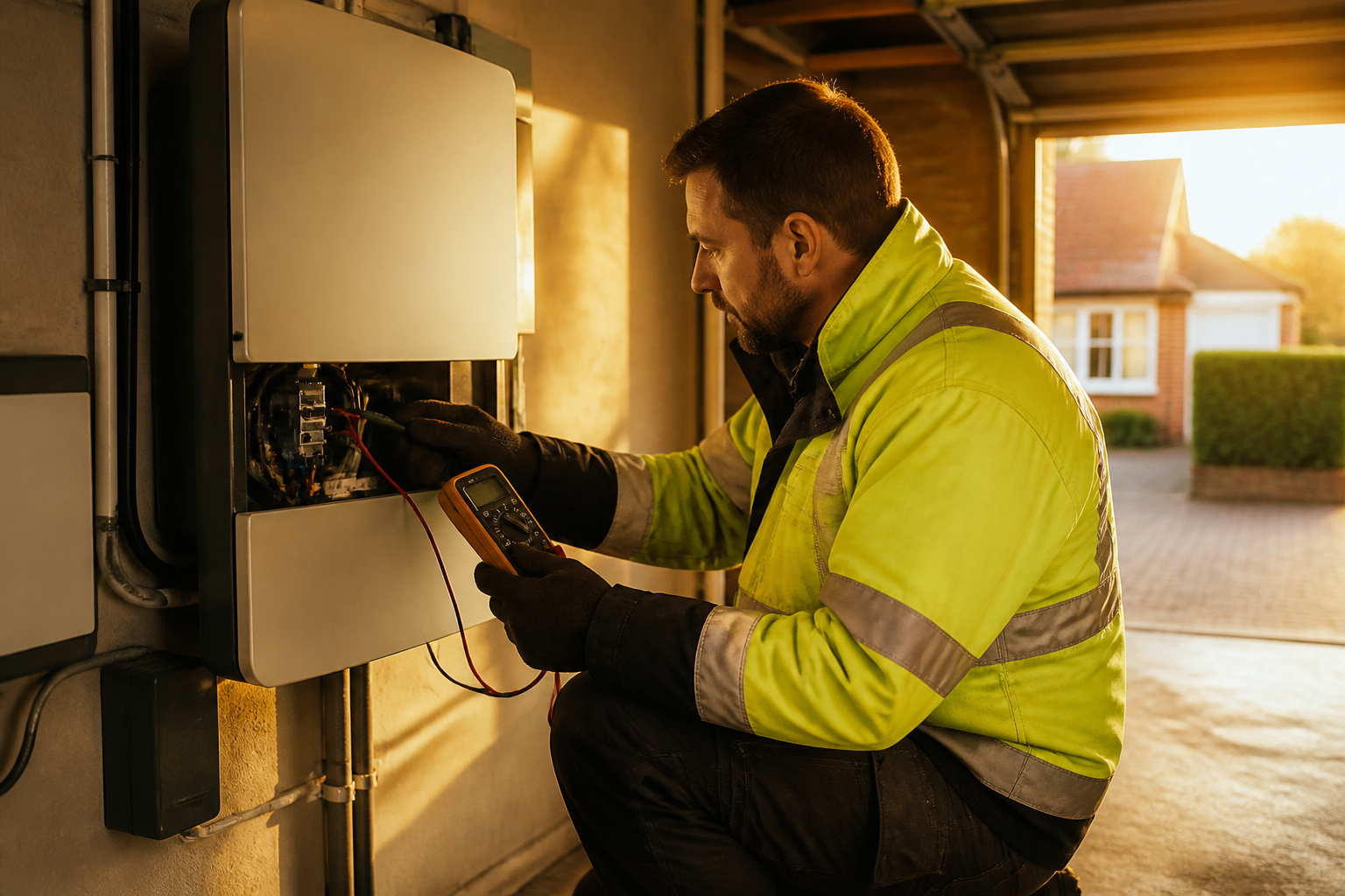 An electrician checking the electrical connections of a home battery storage unit.
