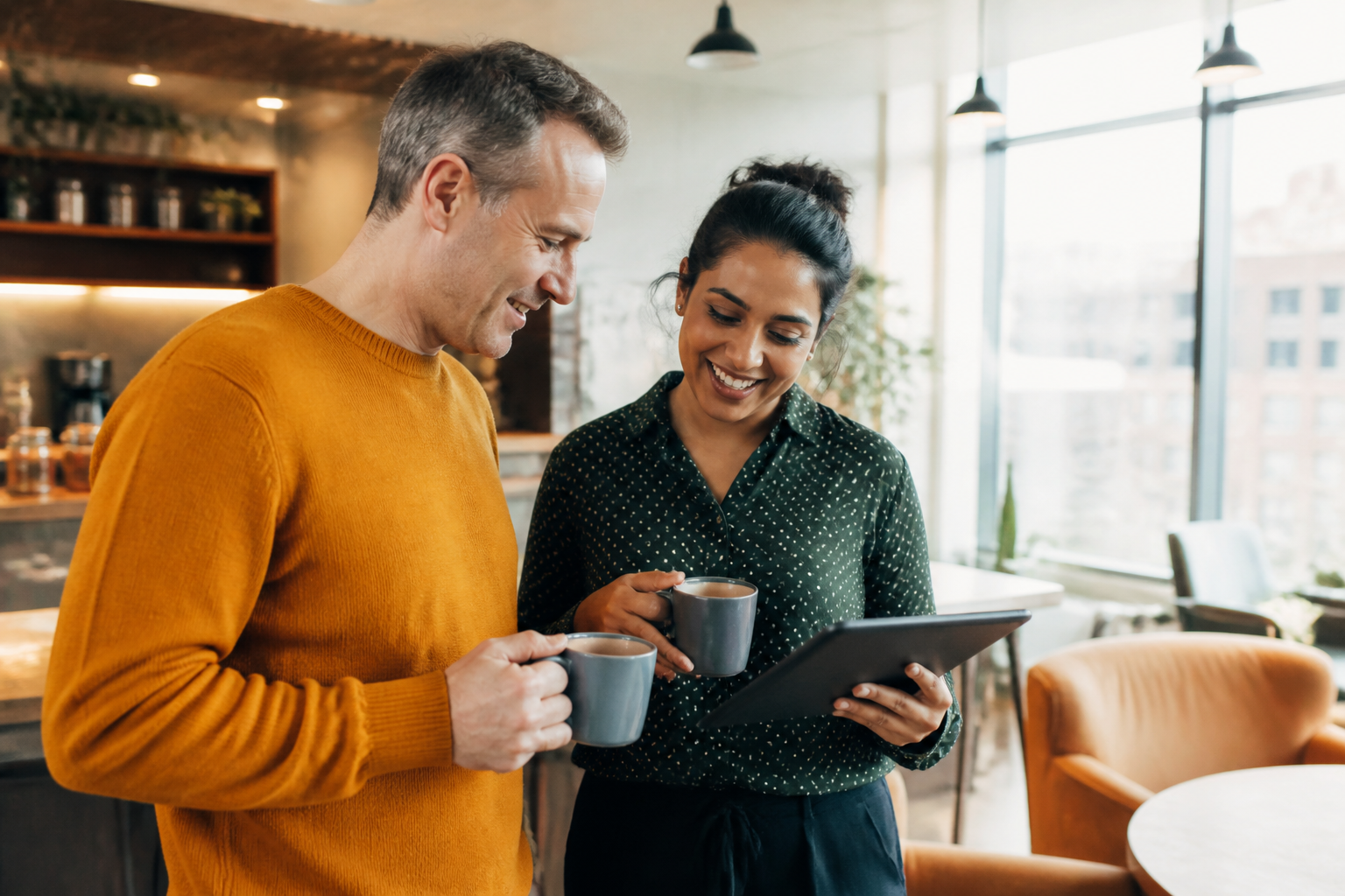 Two office colleagues holding coffee cups discussing employee benefit options in a sunny workplace kitchen
