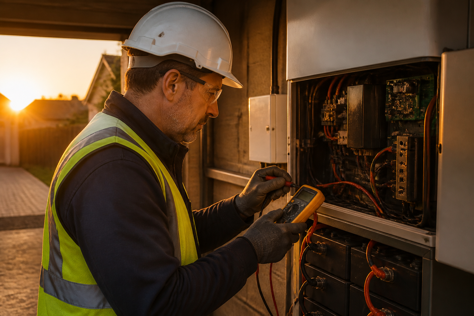 An electrician testing the wiring and inverter connections of a domestic home battery installation.