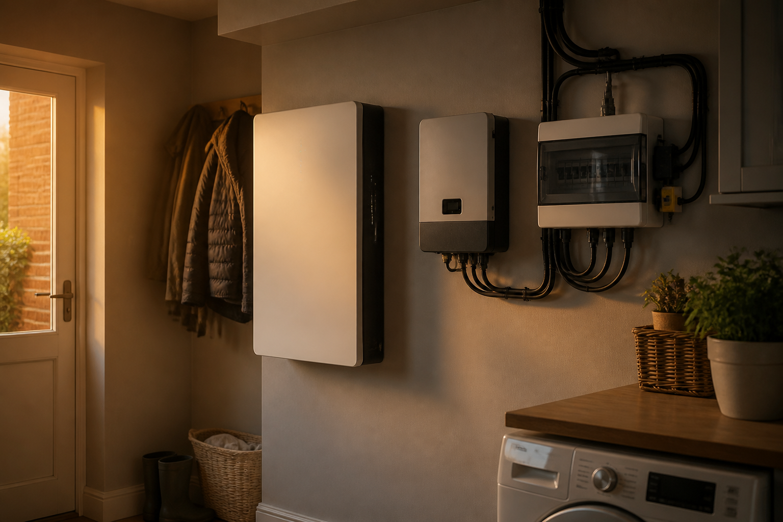 A compact domestic battery storage system mounted on an interior wall inside a UK home utility space.