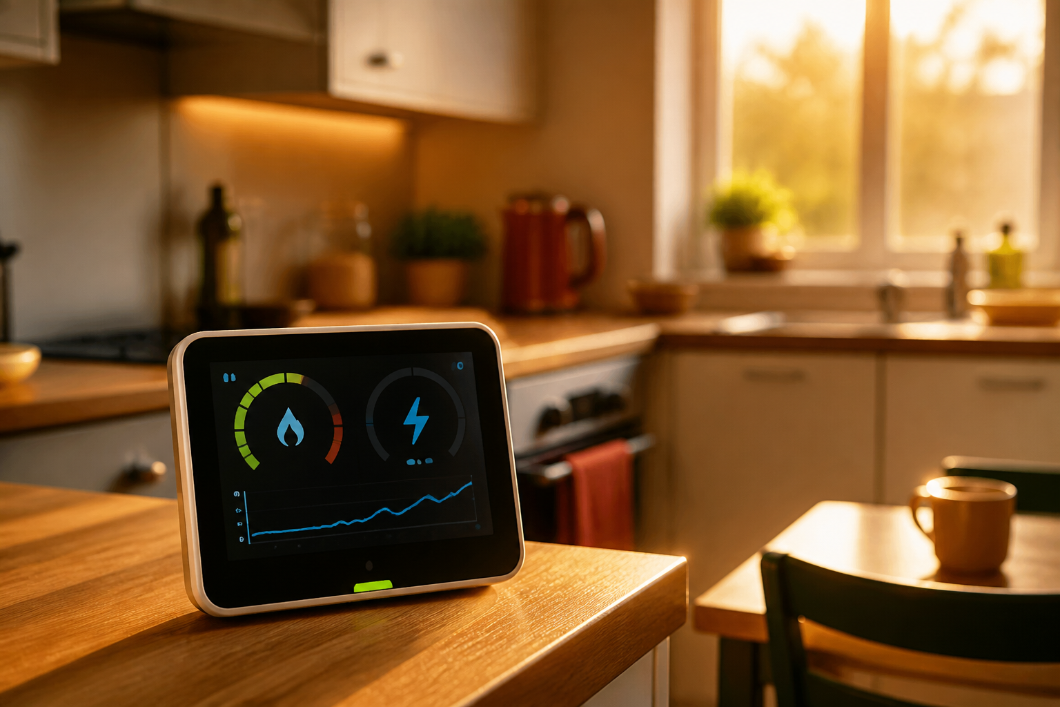 A smart meter display unit sitting on a wooden counter in a British kitchen.
