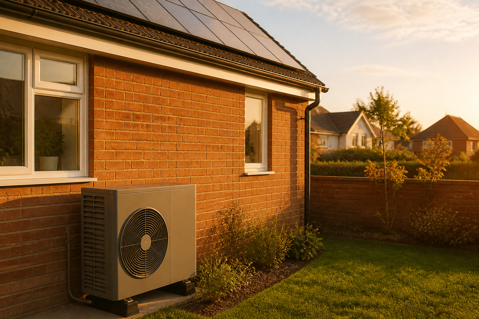 Air source heat pump outdoor unit beside a UK brick house with solar panels on the roof.