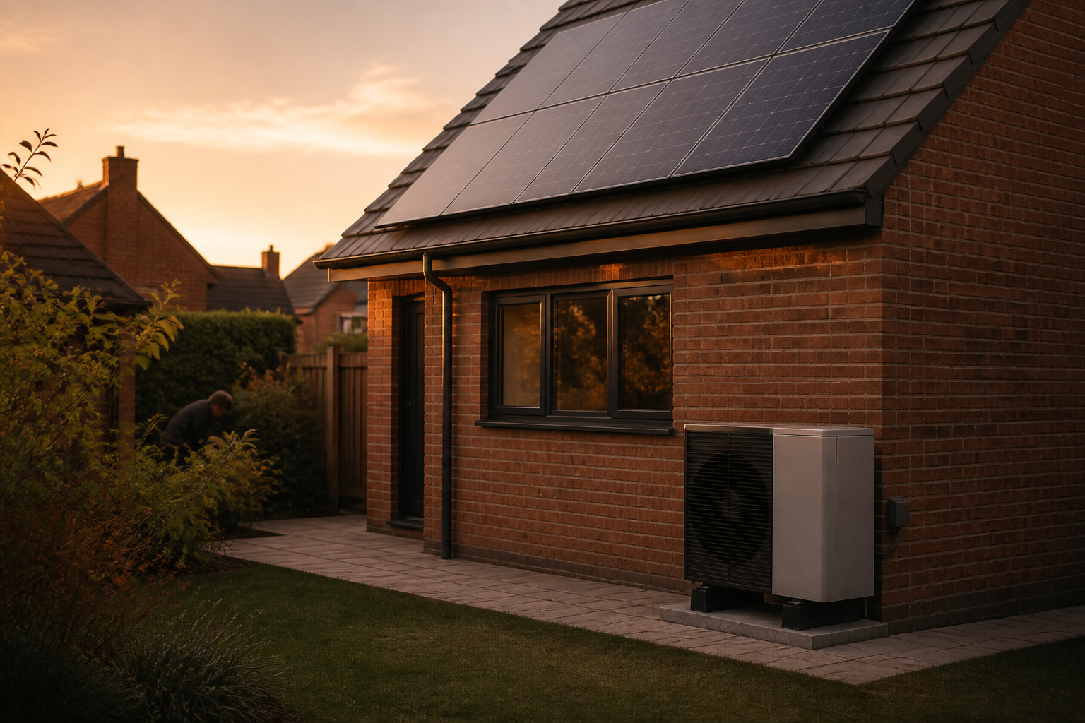 A British home featuring rooftop solar PV panels and an outdoor heat pump unit beside a brick wall.