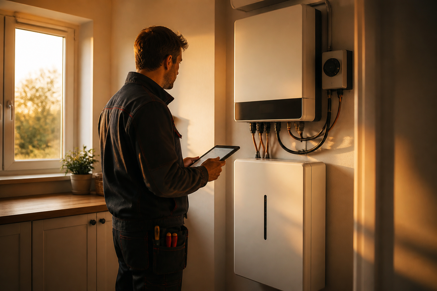 Installer inspecting a home battery storage unit and inverter in a utility room