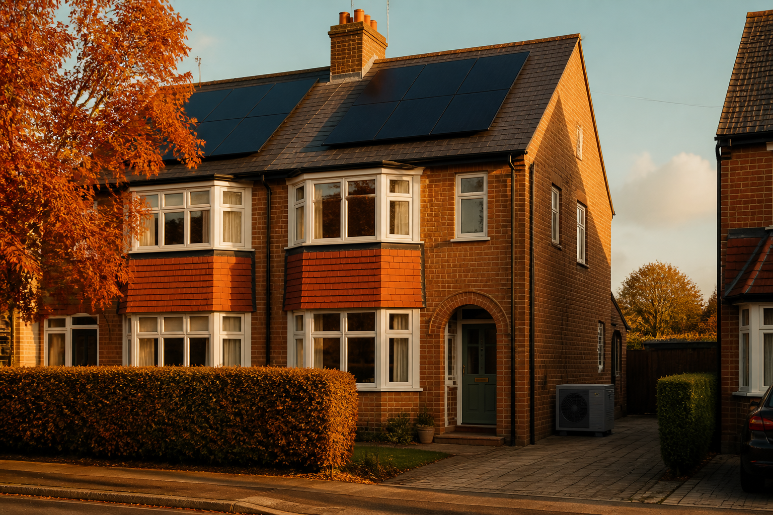 UK suburban house with rooftop solar panels and a clean air source heat pump outdoor unit