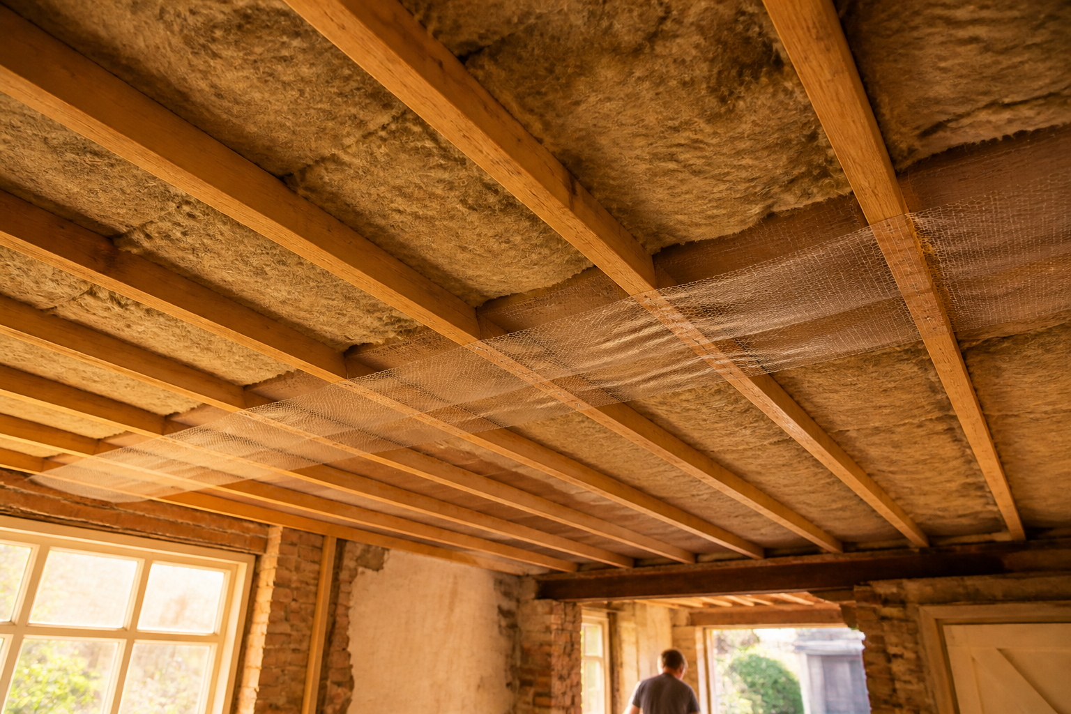 Underfloor timber joists fitted with insulation batts and breathable membrane.