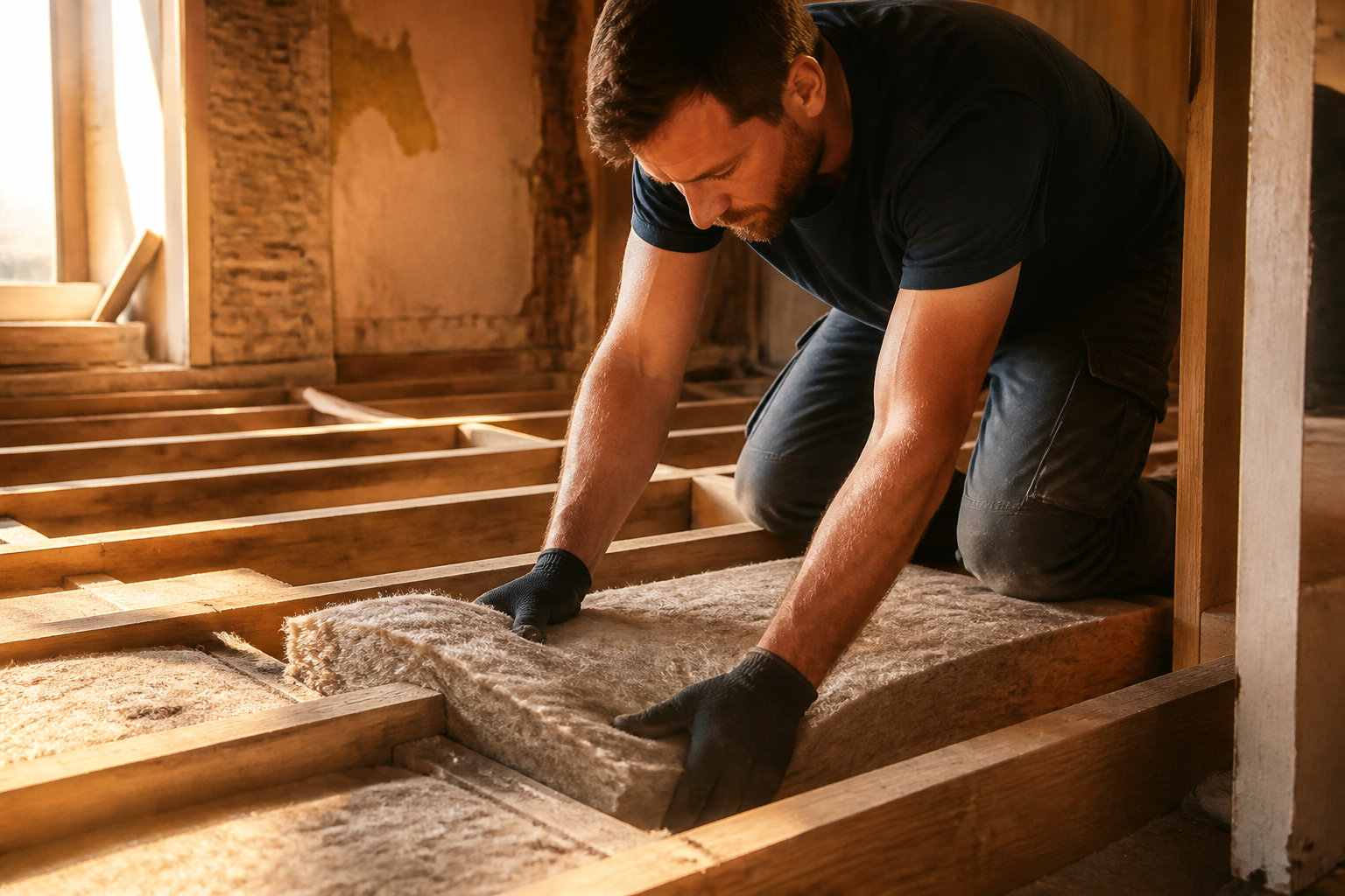 An installer placing mineral wool insulation batts between ground floor wooden joists in a UK house.