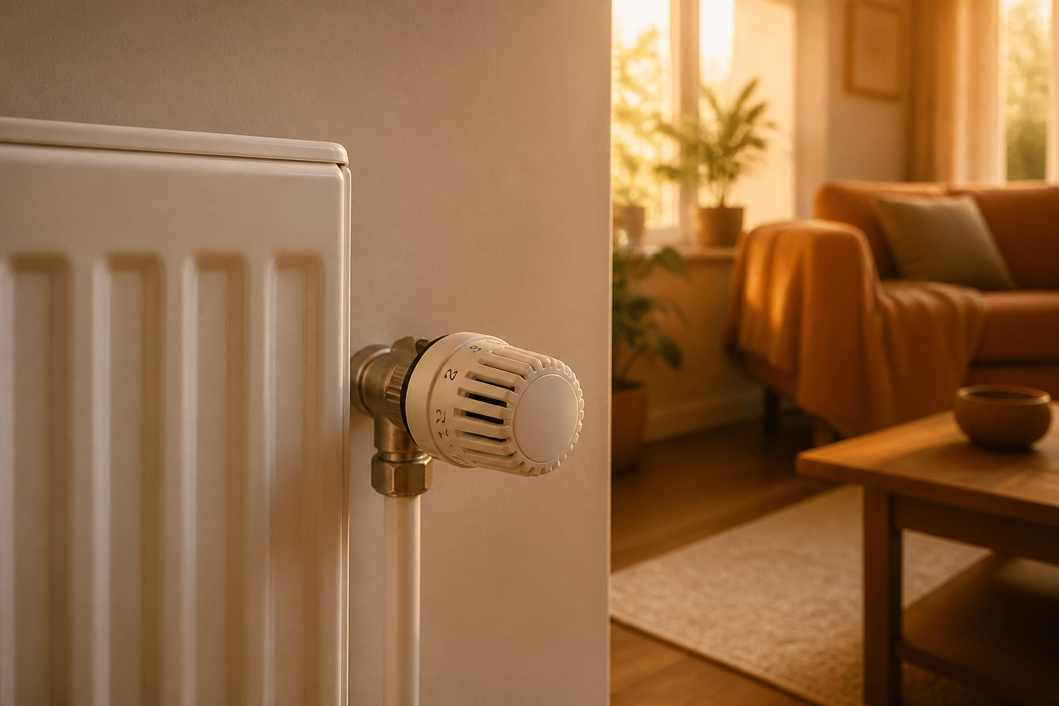 Thermostatic radiator valve with adjustable pre-setting scale installed on a panel radiator.