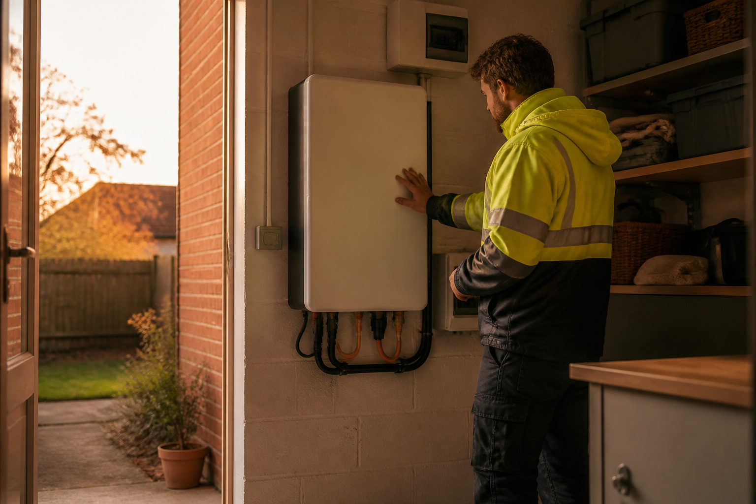 An installer inspecting a wall-mounted home battery storage unit in a UK home.