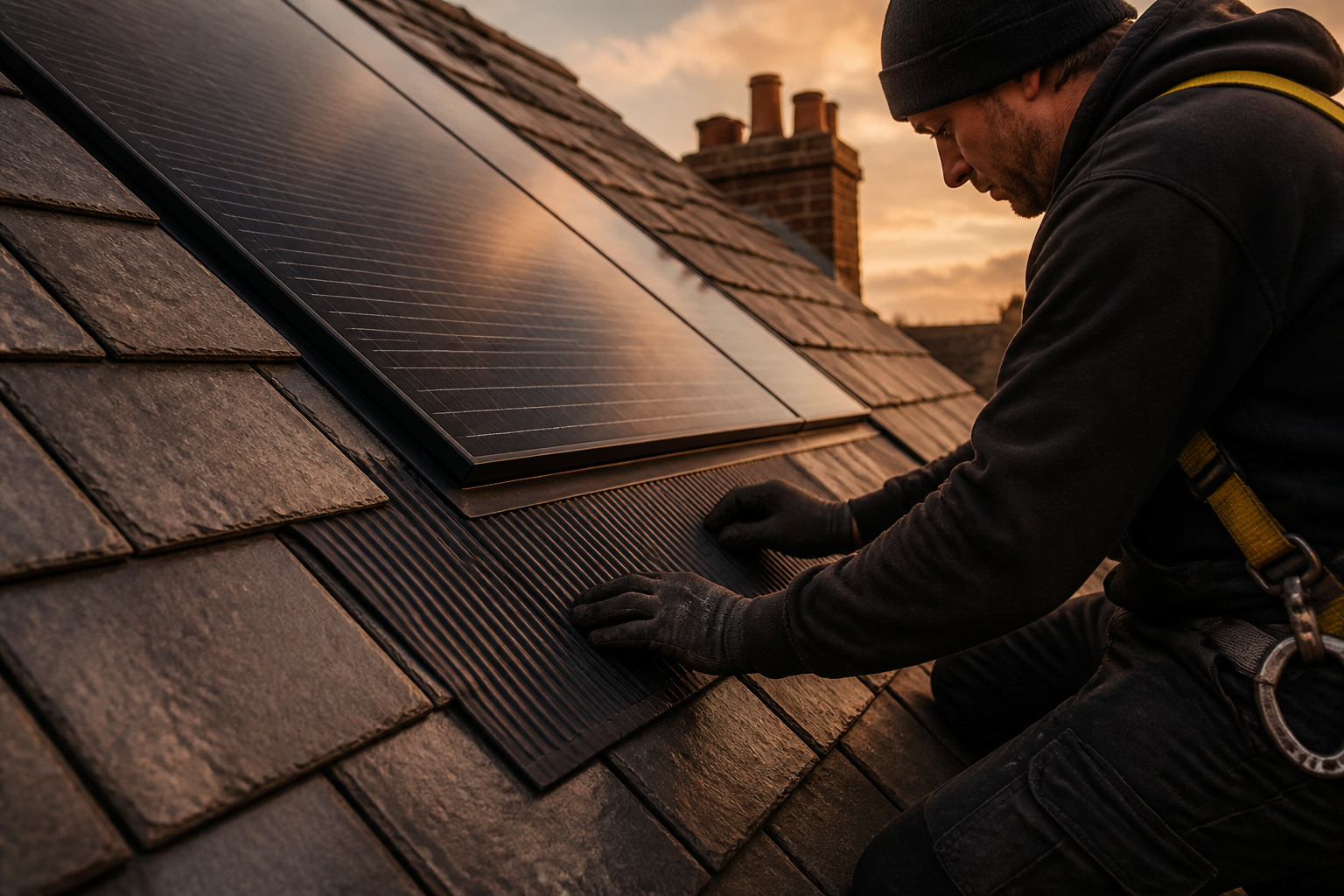 In-roof solar panel flashing kit being fitted into a slate roof matrix