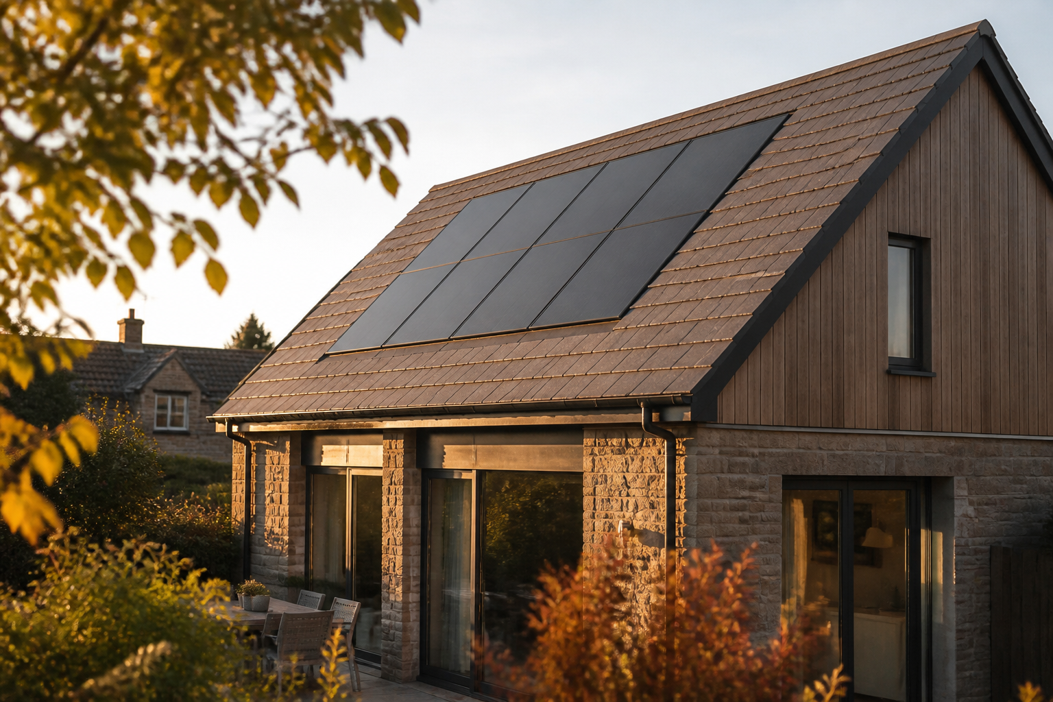 Flush integrated solar PV panels installed on a slate roof of a UK home