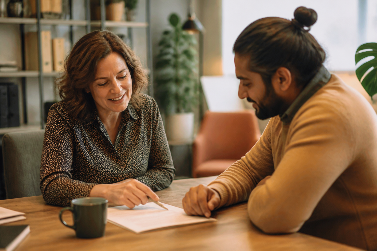 HR manager talking through workplace reward options with an employee.
