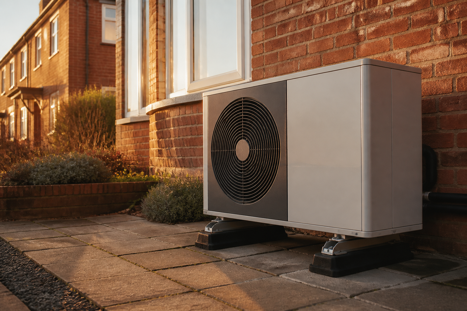An air source heat pump outdoor unit installed outside a British residential brick house.
