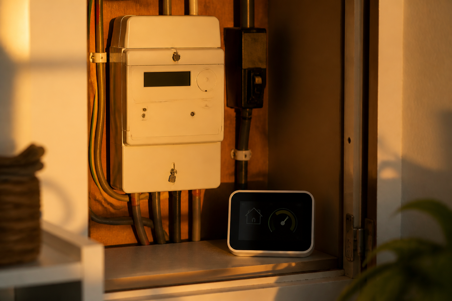 A modern domestic UK smart meter display and fuse box showing household energy consumption in a home utility space.